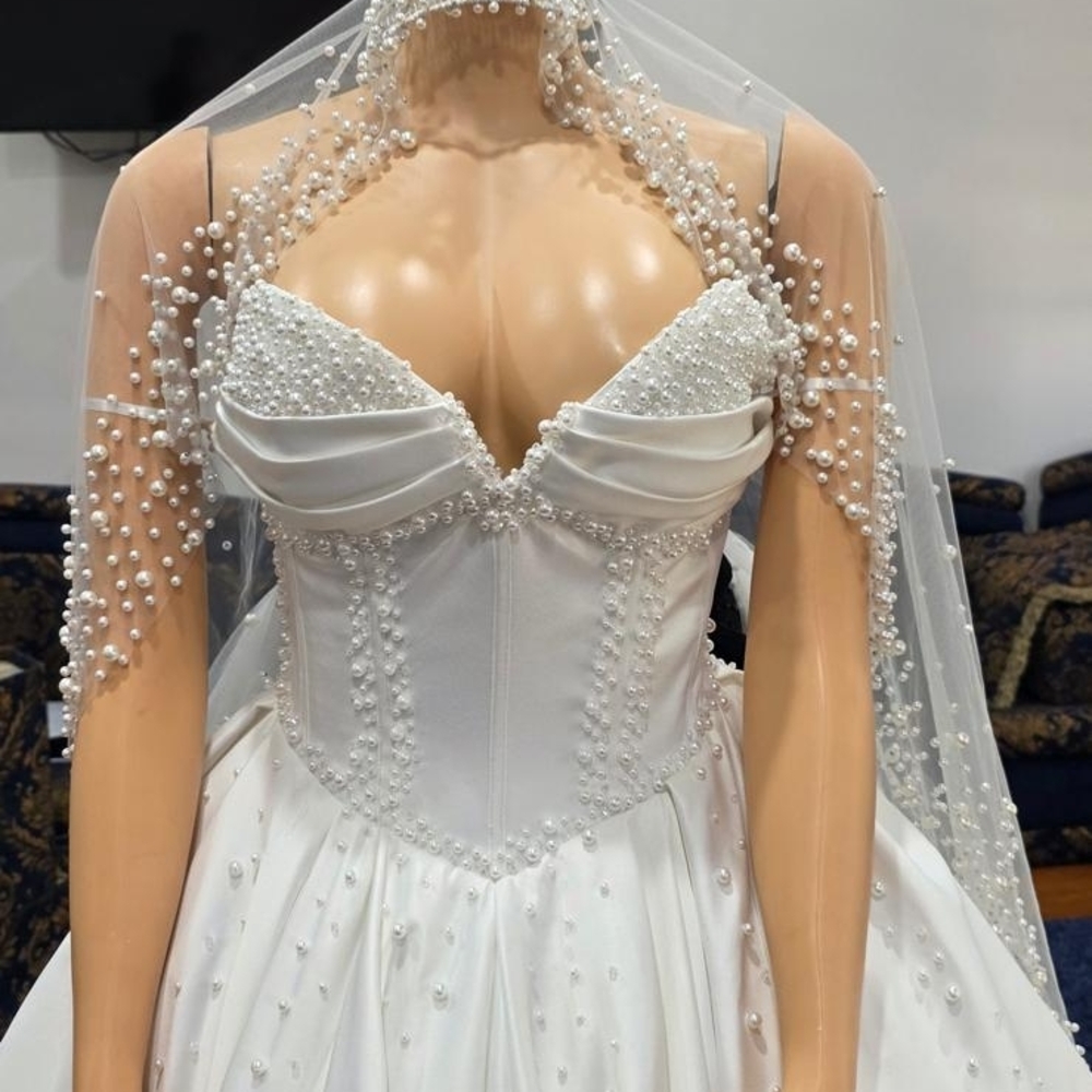 Pearl-Embellished White Bridal Ballgown With Veil